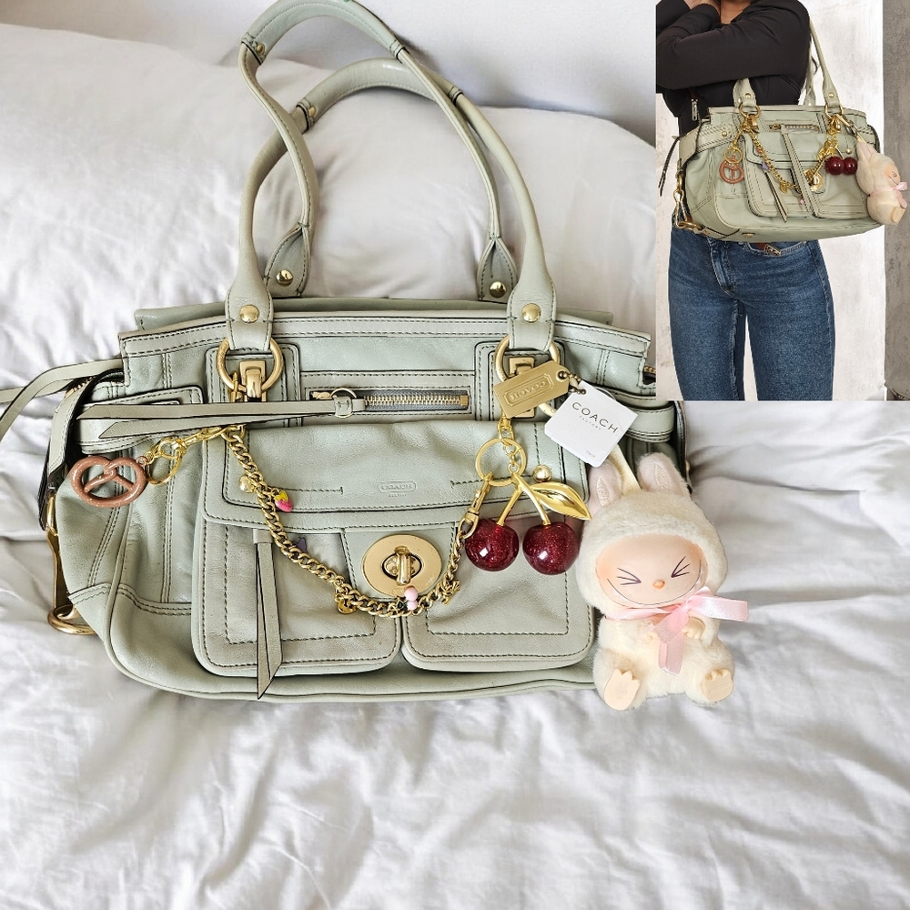 MSRP $700 Coach Hampton Lindsay Satchel Handbag Tote Mint Green Leather Turnlock